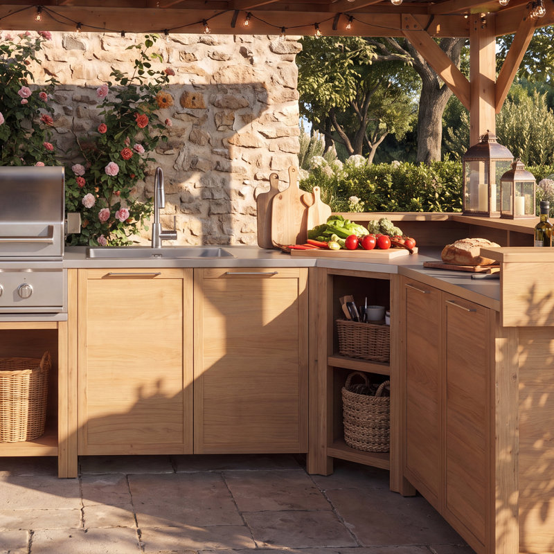 Ensemble de cuisine extérieure en cèdre 7 pièces avec pergola de 5,2 m, évier, barbecue et bar - Naturel, Brun