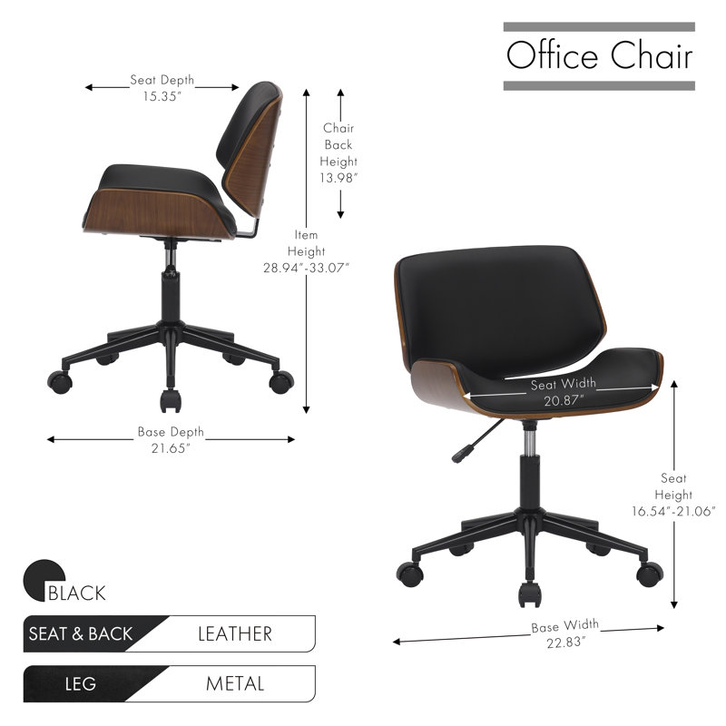 Chaise de bureau style Mid-Century en similicuir Temme, Noir, Black