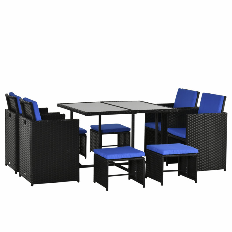 Ensemble de salle à manger de patio en osier avec canapé et coussins 9 pièces Latitude Run®, Bleu, Bleu