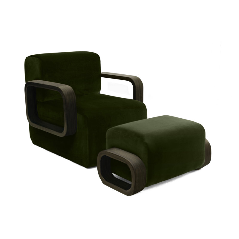 Cayenne Chair with Ottoman, Evergreen Velvet, Brown Oak