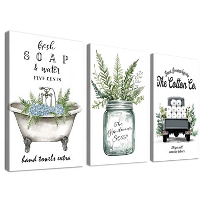 3 Pcs - Farmhouse Bathroom Wall Art Collection - Rustic Bathtub Canvas Prints - Botanical Bathroom Prints 30x45cm
