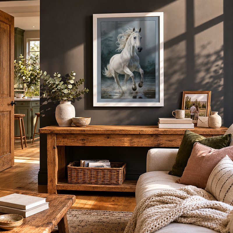 White Horse in Mist Modern 1 Piece Single Picture Frame Wall Art, A1 - 84.1 x 59.4 cm, White
