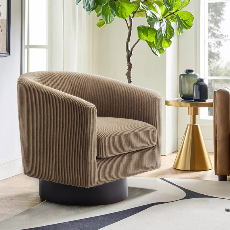 Applewold Upholstered Camel Corduroy Swivel Barrel Chair with Solid Wood Base, Camel Corduroy