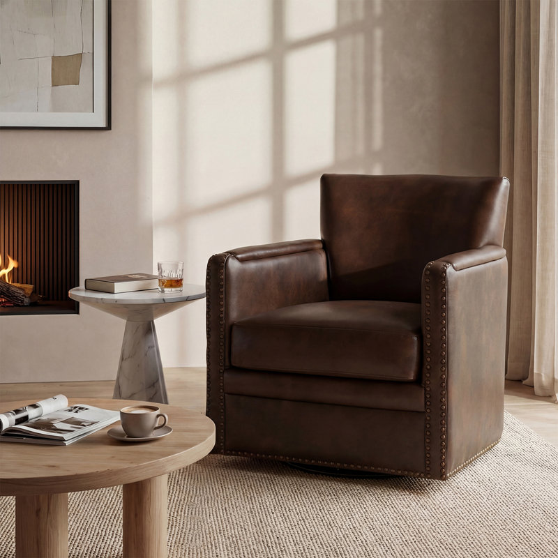 Fauteuil club pivotant en cuir véritable Arsim, Cuir véritable gris anthracite