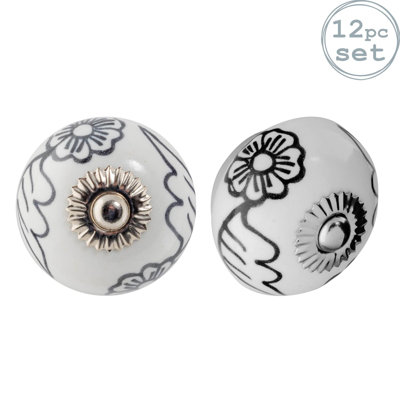 Nicola Spring - Round Ceramic Cabinet Knobs - Black Blooms