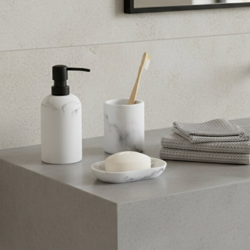 Marble Resin Soap Dispenser with Black Pump, White