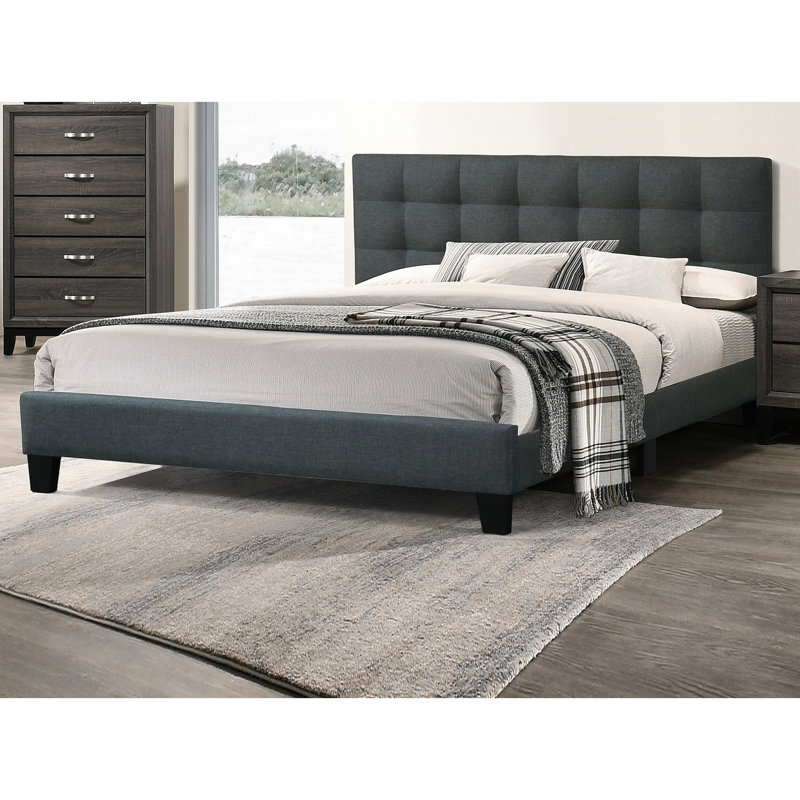 Lit contemporain grand format, tête de lit en polyfibre grise avec design gris et plateforme solide, Gris clair