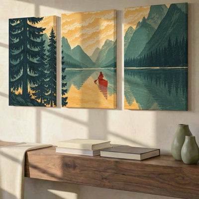 3 Pieces Exculisive Mountain Lake Canoe Large Wall Art Serene Landscape Canvas Art, Modern Canvas Decor for Living Room, Bedroom, Office and Home