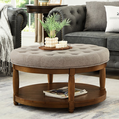 Table basse ronde capitonnée en lin, tablette de rangement en bois, pouvant supporter jusqu'à 136 kg, hauteur d'assise de 46 cm