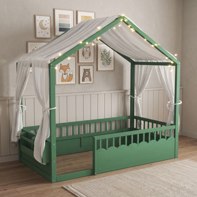 Twin Wood Montessori Floor Bed with House Canopy, Guardrails, and Light