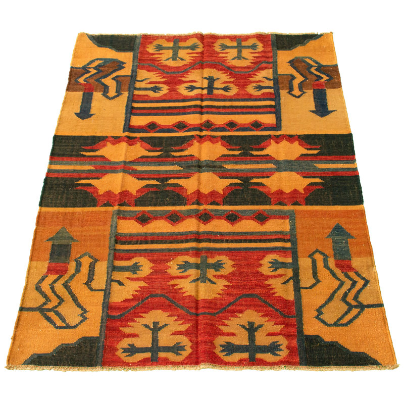 Tapis rouge / brun clair / vert en laine fait à la main Lothair