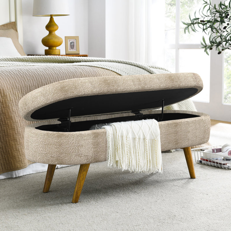 Banc de rangement ovale brun, 43,5 po x 16 po x 16 po, pieds en bois d'hévéa, fabriqué à la main par un meuble, sert de repose-pieds ou de siège, ornement en tissu plissé, banc décoratif, brun, professionnel, siège de travail,
