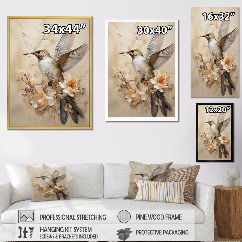Fluttering Floral Hummingbird I, 32" H x 24" W x 1" D, Wrapped Canvas