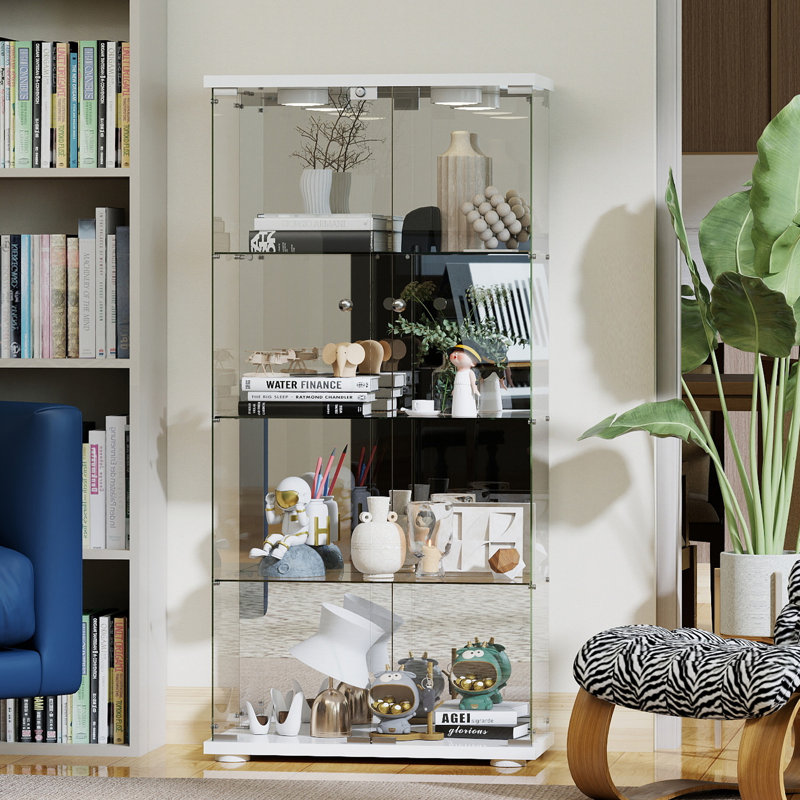 Vitrine Isabele en verre trempé avec panneau arrière en miroir, armoire vitrée à 4 tablettes avec 2 portes, Blanc
