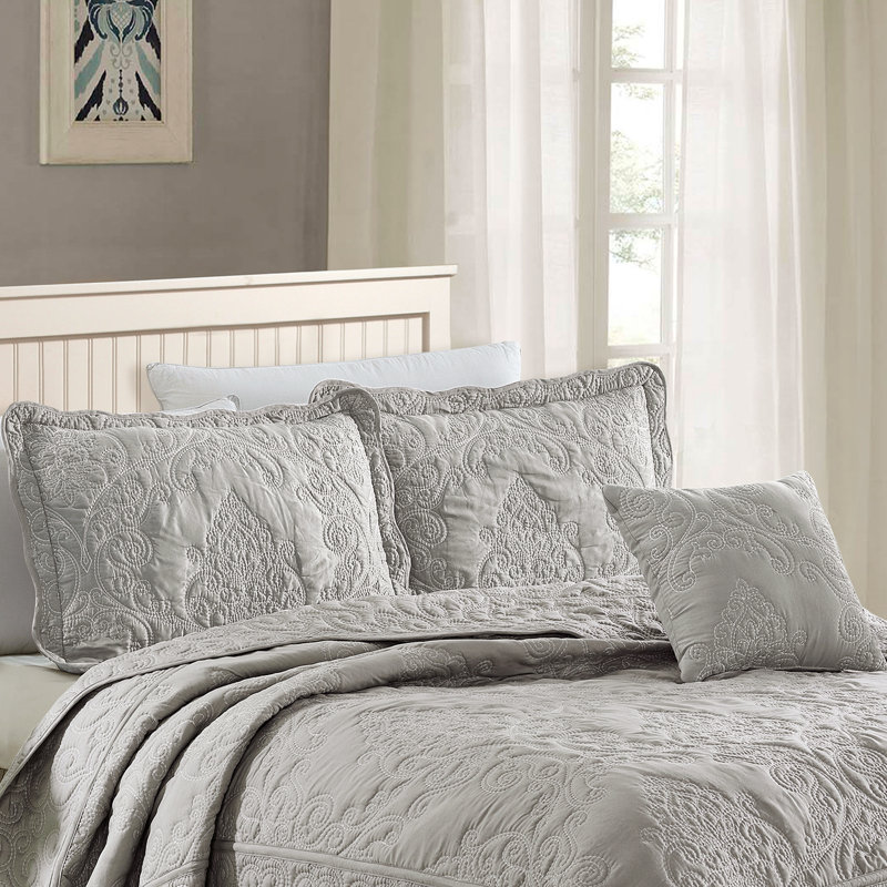 4 Piece Damask Oversized Embroidery Bedspread Set, King Quilt + 2 King Shams + Throw Pillow, Ash Gray