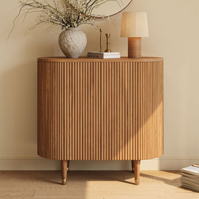 35" Fluted Curved Storage Cabinet, Mid-Century Modern Sideboard, With Adjustable Shelves, For Living Room Or Dining Room, FSC Wood, Fully Assembled,Walnut