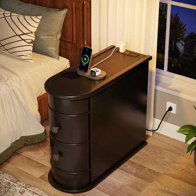Table de bout en bois massif avec 2 tiroirs et station de charge, entièrement assemblée