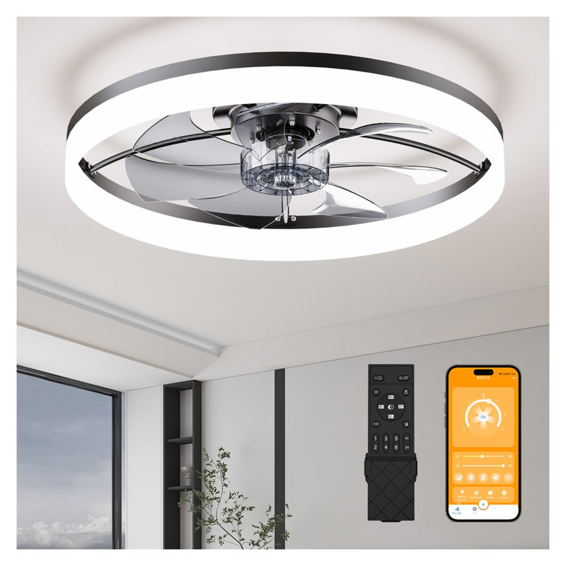 Ventilateur de plafond intelligent ultra-mince noir avec lumière DEL, télécommande et contrôle d'application, 24 po
