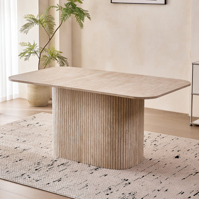 Large Dining Table For 4 6, [Rounded Corners] [Wood Strip Pedestal Base], Three-part Tops, Farmhouse Rectangle Kitchen Dinner Table For Dining Room
