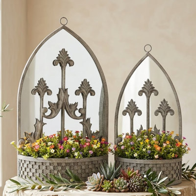 Orm Set of 2 Rusty Metal Wall Mirror Planter Plant Holder | Vintage Style 62cm & 52cm Garden Wall Decoration