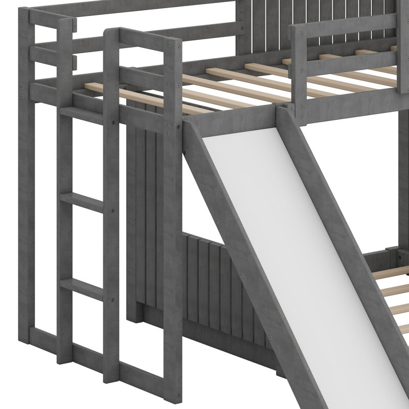 Lit superposé en bois en forme de L avec glissoire Harper, Gris antique, Twin over Full  
