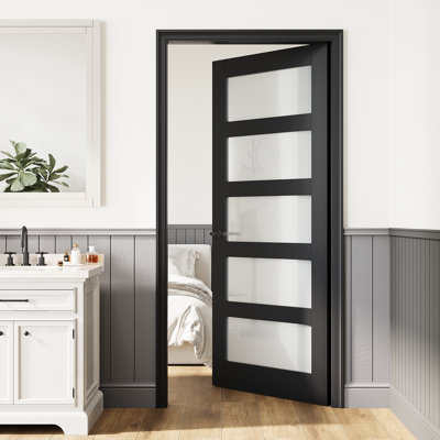 Porte française en verre givré 32 po x 80 po, porte intérieure en verre noir d'intimité 5-Lite, panneau de porte sans trou ou charnières, comme porte de grange ou porte prémontée ou porte de poche ou dalle de porte française pour garde-manger, porte de buanderie, chambre à coucher Porte