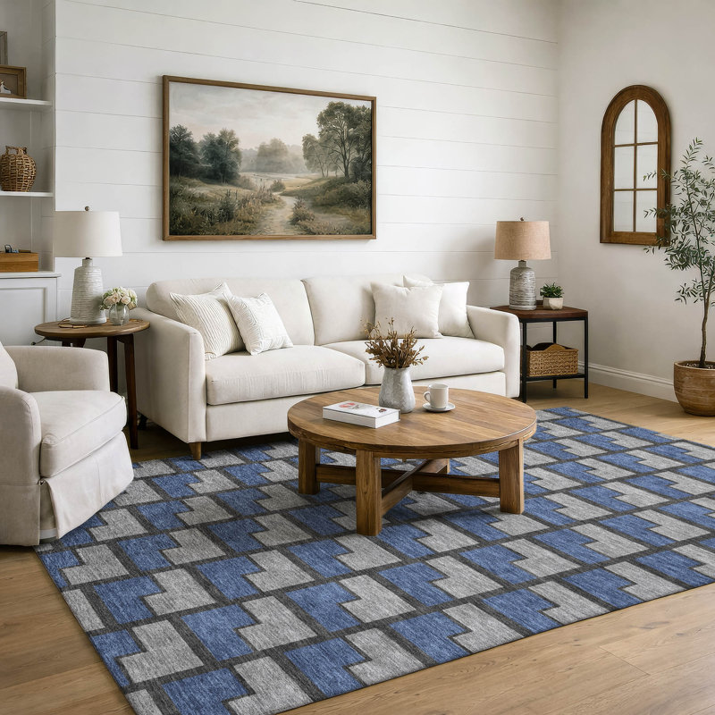 Premium Machine Washable Mayfield AMF2416 Geometric Rug, 3' x 5', Navy