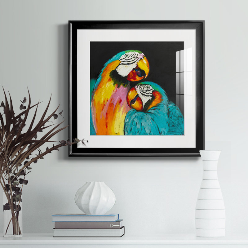 Perroquet ludique - peinture encadrée, Toile avec cadre noir, H 17,5 po x l 17,5 po x P 1,5 po