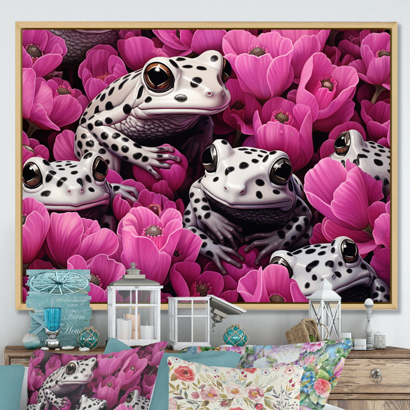 Blanc et rose Pop Art Frog I, Cadre naturel flottant, H 16 po x l 32 po x P 1 po