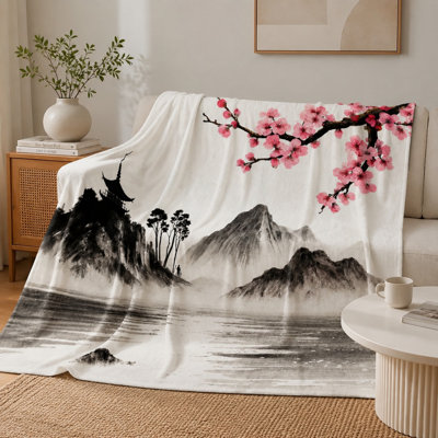 Plaid douillet en flanelle, motif paysage de fleurs de cerisier à l'encre japonaise, doux, léger, respirant, toutes saisons, agréable pour la peau, lavable à la machine, décoratif, pour canapé, fauteuil, salon et chambre