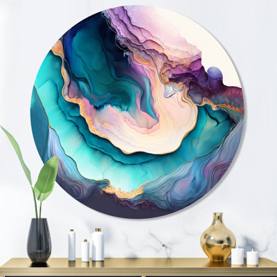 «Blue Blue Abstract Geode I», art mural rond en marbre abstrait sur métal