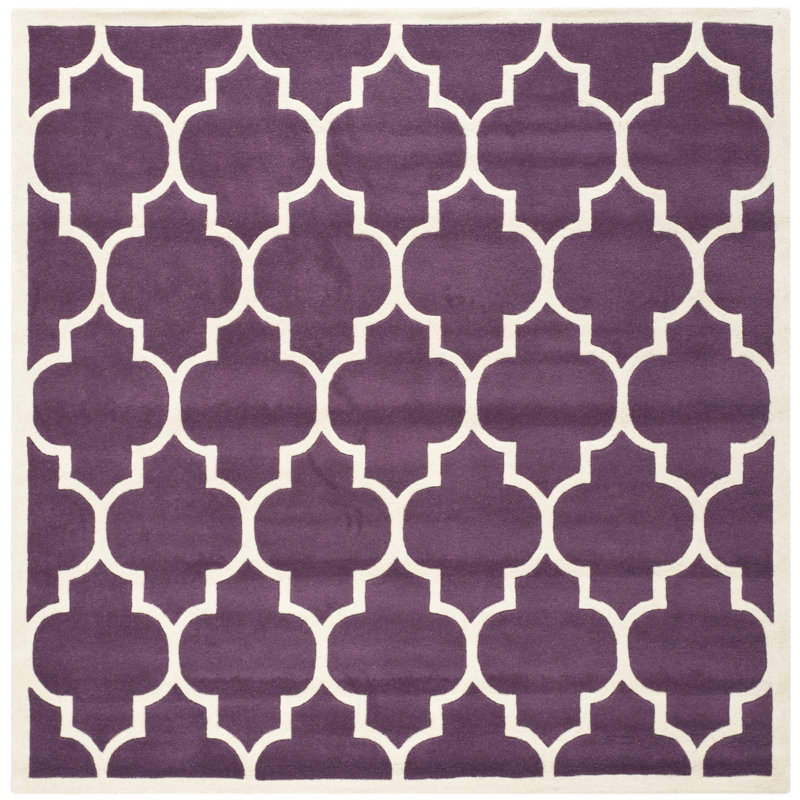 Tapis mauve / ivoire en laine touffeté et fabriqué à la main à motif géométrique Carolene, Carré 8 pi 9 po