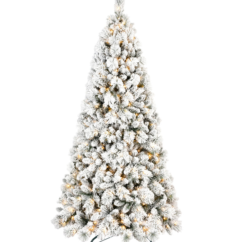 Arbre de Noël enneigé 7 pi, 450 lumières blanc chaud, 1060 pointes recouvertes de neige pleine branche et branches à aiguilles dures, conception à charnières pour un assemblage sans effort, base en métal arbre de 84 po
