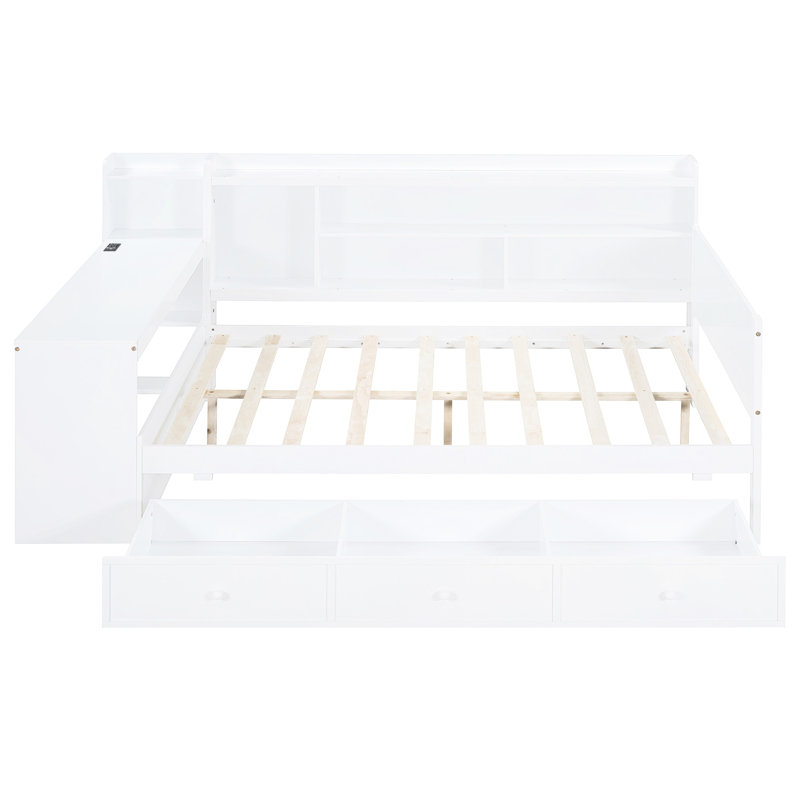 Full Size Wooden Daybed With Ports - White, 3 Drawers, And Desk For Bedroom White Drawers Side Storage Pine Wood Construction