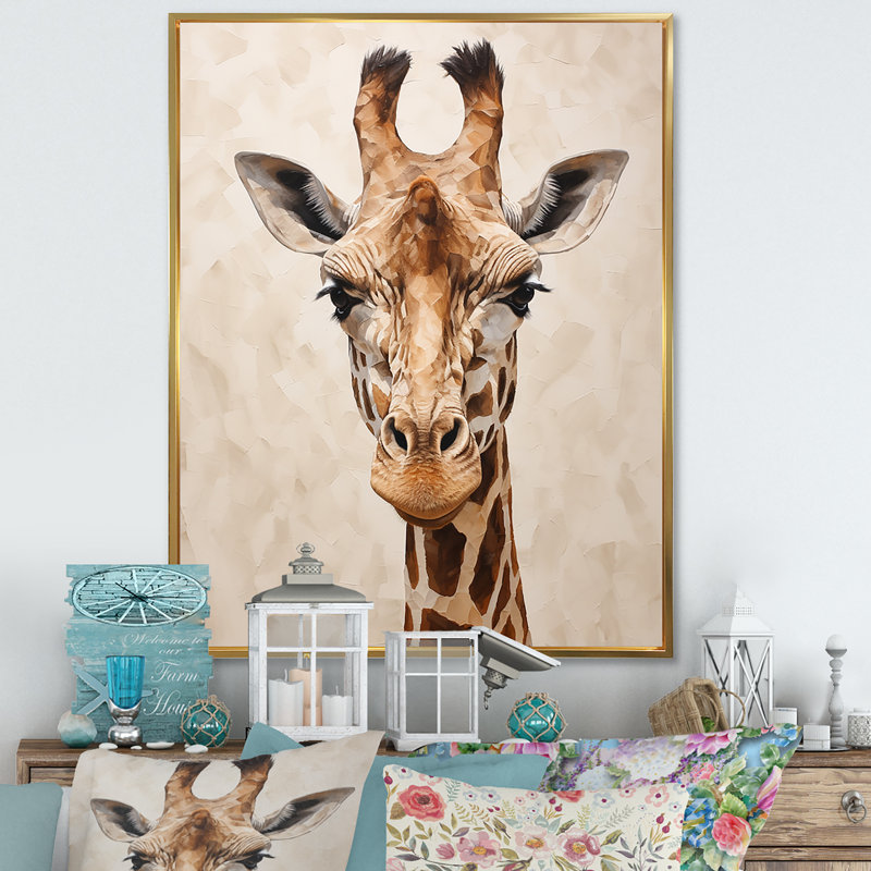 Minimalisme, portrait de girafe beige I sur toile, Cadre flottant doré, H 32 po x l 24 po x P 1 po