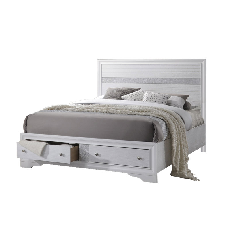 Lit plateforme avec rangement en bois massif Ashlock, Blanc, Lit double