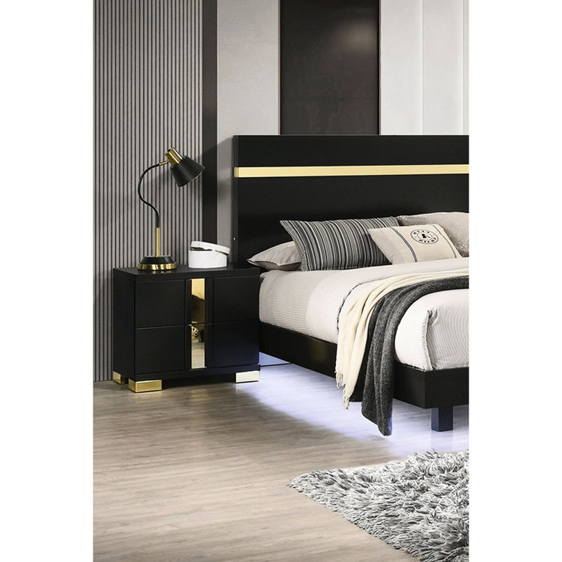 Table de chevet moderne à 2 tiroirs, couleur noire et dorée, bois d'ingénierie, pieds en métal, pièce de mobilier de chambre à coucher