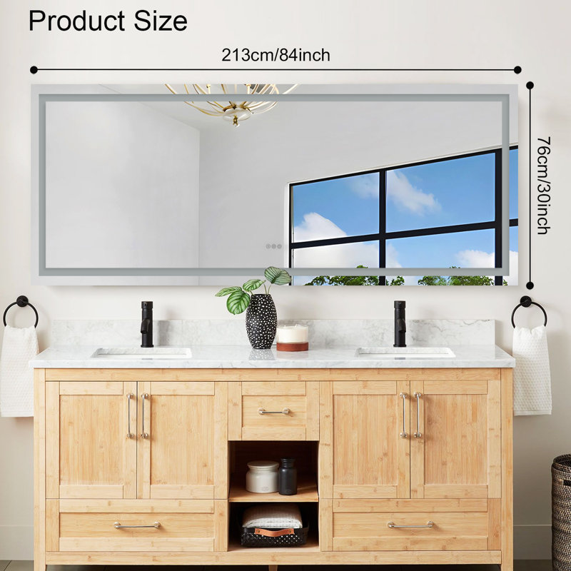 Frameless Led Bathroom Mirror,3 Colors Dimmable,anti-fog,memory Function,wall Mounted Lighted Vanity Mirror, 30" x 84"