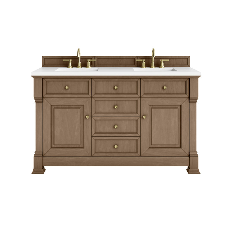 Brookfield 60 in. Double Vanity, Pecan, White Zeus, Widespread