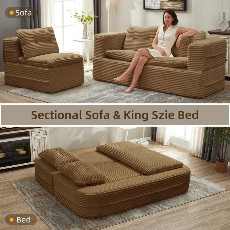 80" Compressed Foam Sleeper Sofa Bed, Corduroy Foldable Couch Bed, Convertible Living Room Set — No Assembly Required, Camel