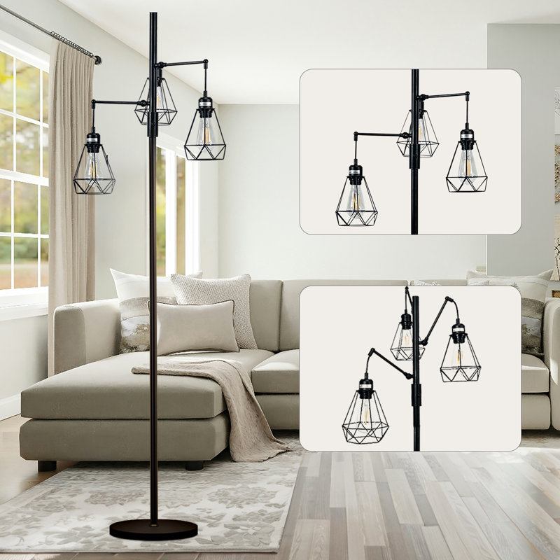 Lampe sur pied 69 po, arbre industriel avec 3 têtes de cage suspendues