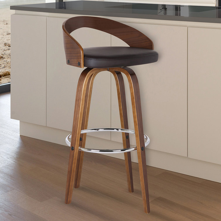 Maxime Swivel Counter or Bar Height Bar Stool with Open Low Back in Faux Leather and Wood
