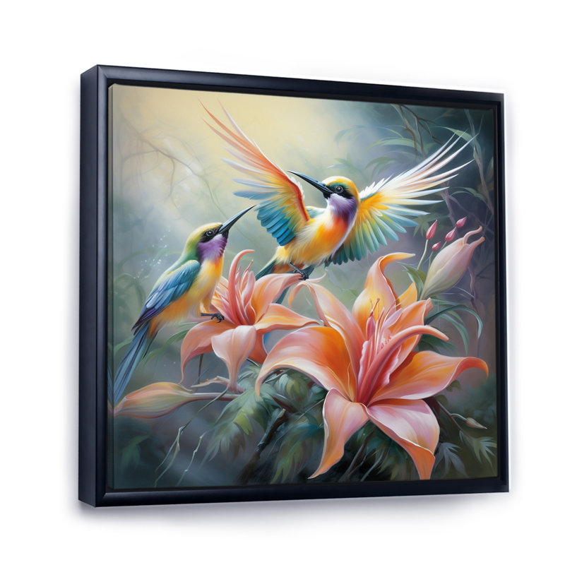 Fleurs tropicales avec un bel oiseau, H 36 po x l 36 po x P 1,5 po, Cadre flottant noir
