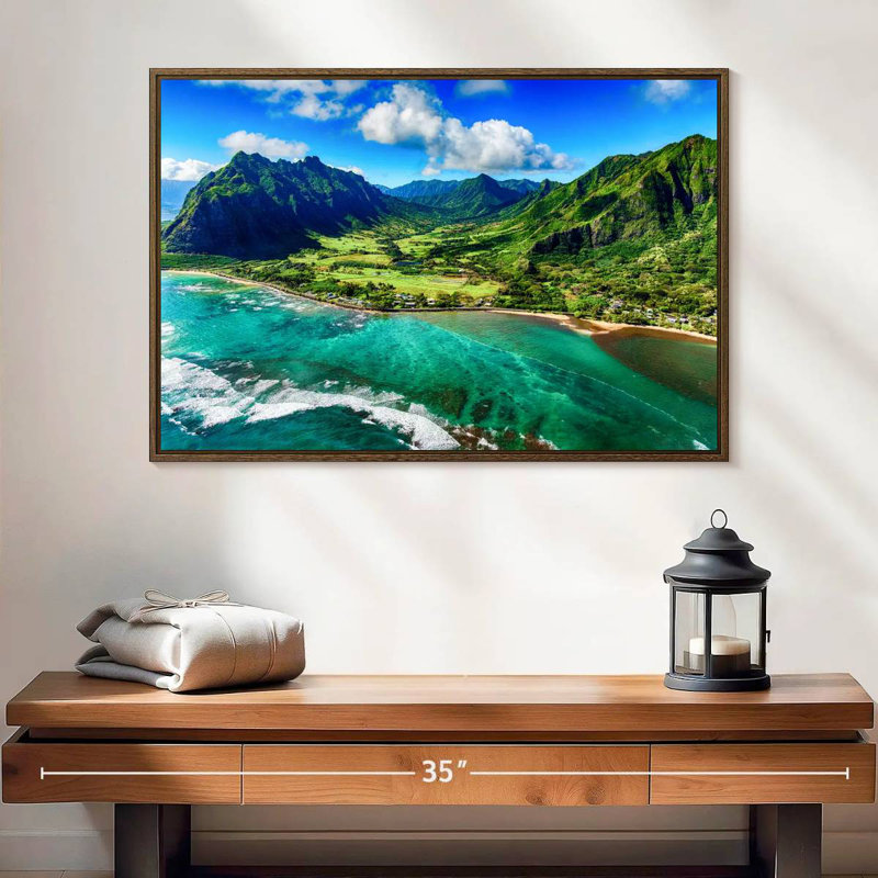 Paysage côtier de Kualoa, 25 po x 17 po, Cadre flottant en noyer