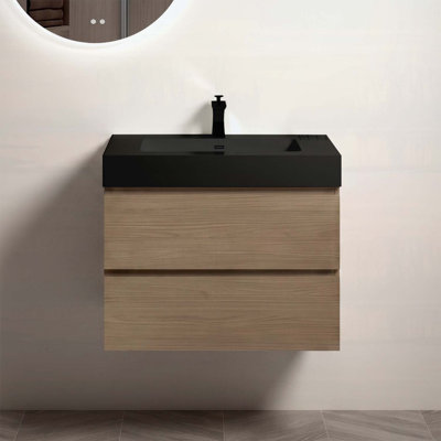 Meuble-lavabo mural 30 po en noyer brun avec lavabo, grand meuble-lavabo flottant mural pour salle de bain moderne