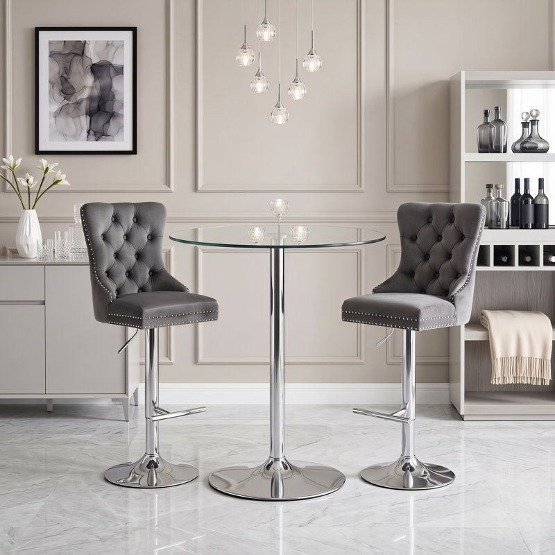 Ensemble de bar rond en verre avec tabourets pivotants réglables rembourrés, Gris