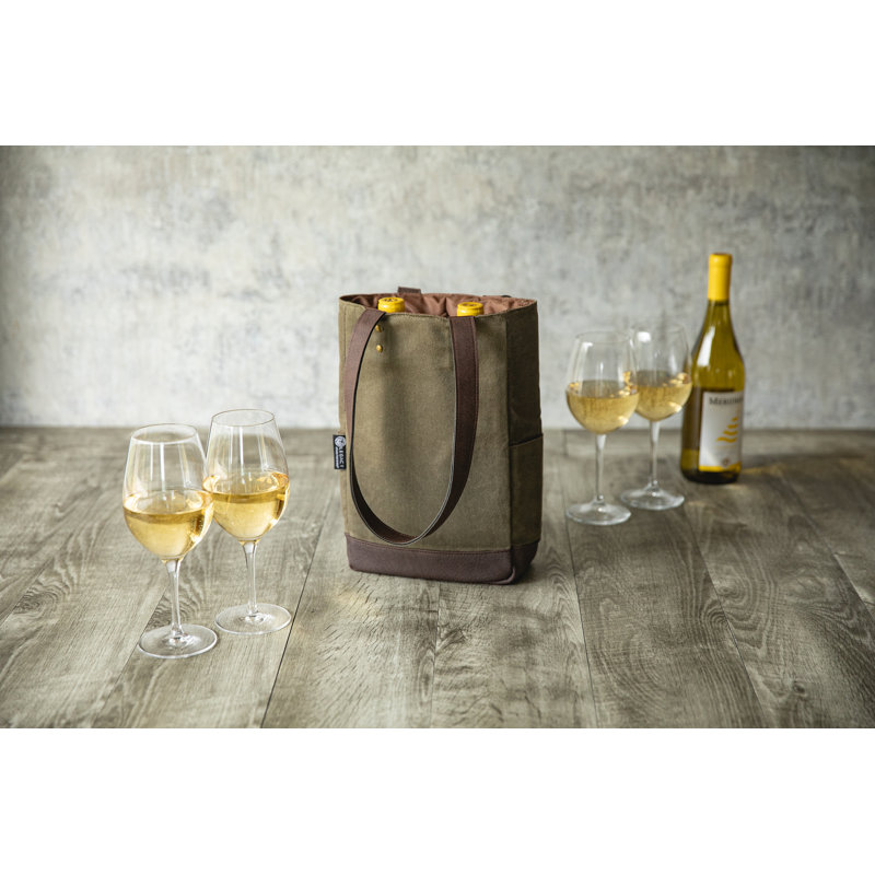 Distressed Waxed Canvas Insulated Wine Tote Bag, 12" H x 7.5" W x 3.5" D