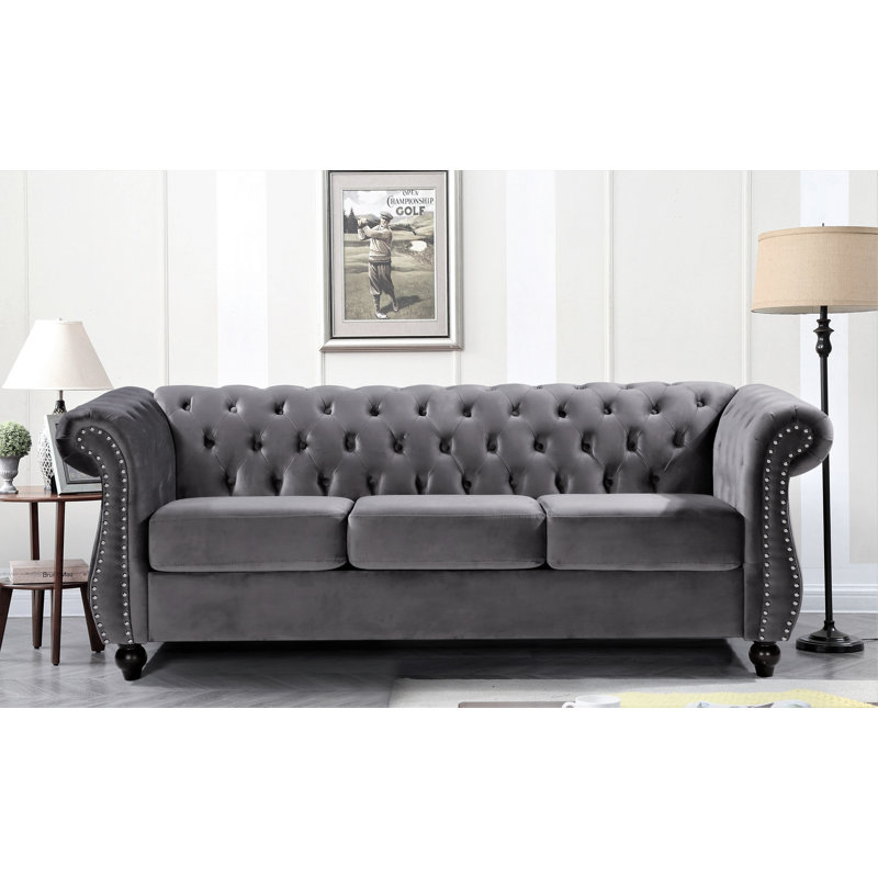 Gosser 82.6" Velvet Round Arm Sofa, Gray