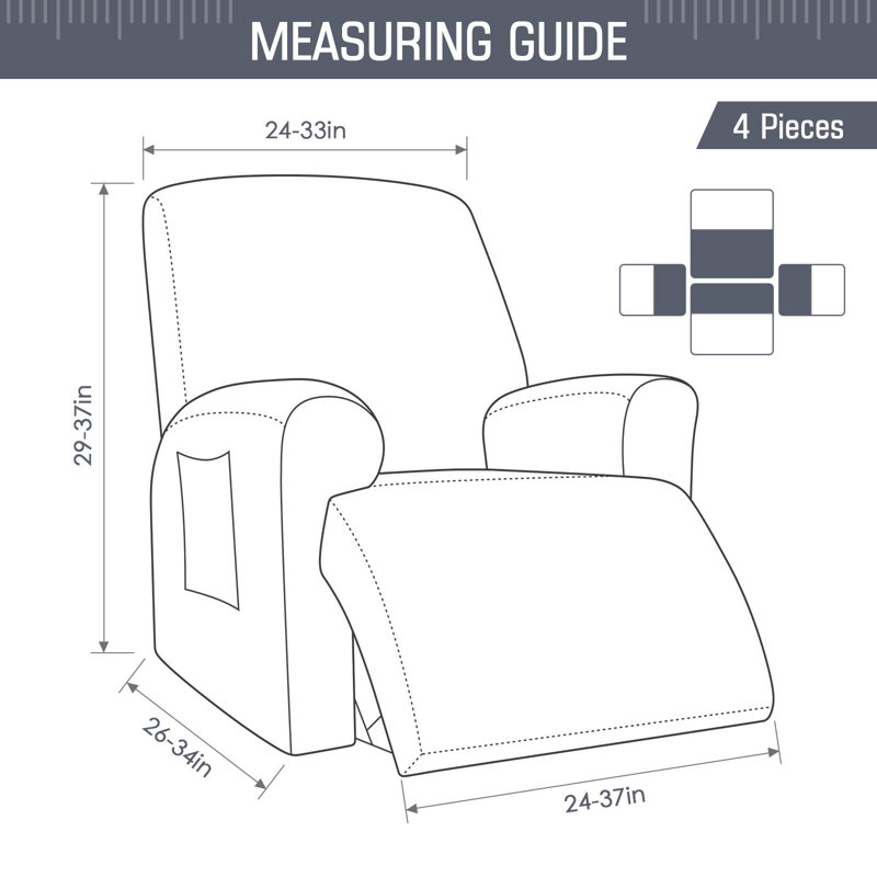 Gray Stretch Polyester Spandex Recliner Chair Cover with Side Pocket