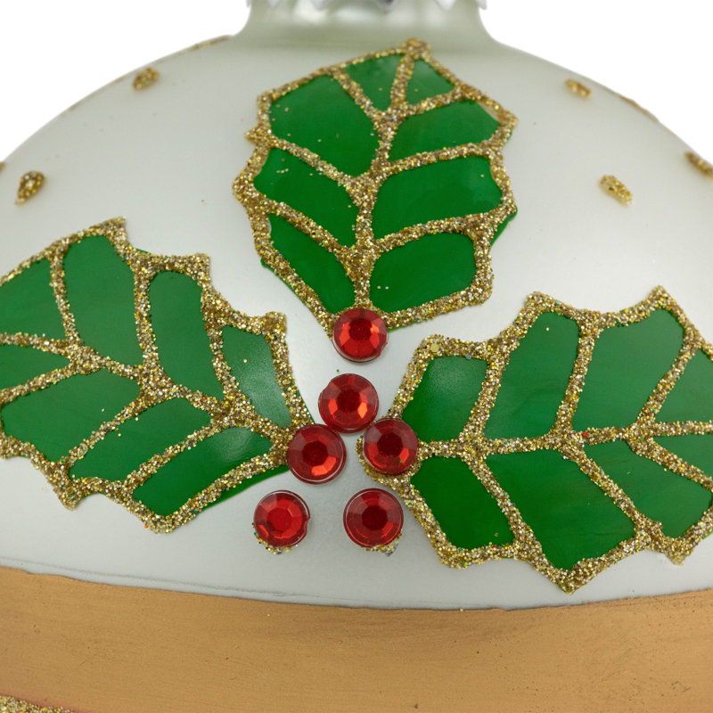 Set of 2 Red and White Glass Holly Christmas Ornaments